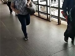 Jumping boobs in railway station